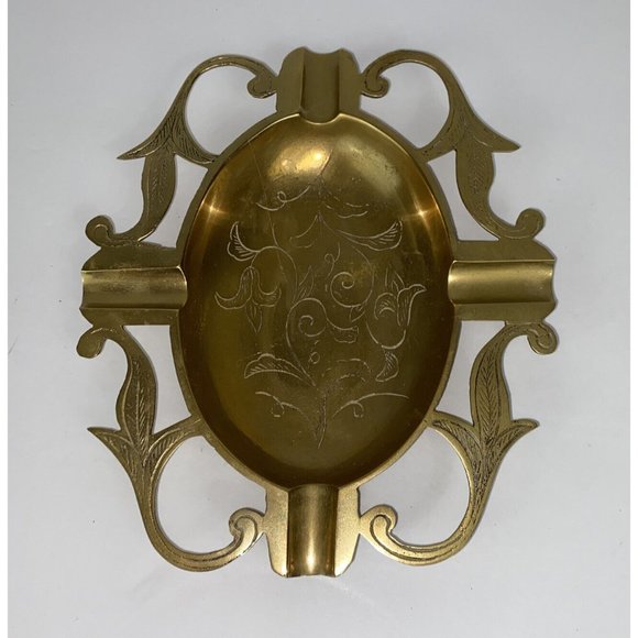 Antique Brass Ornate Ashtray 7.9” Long Heavy Thick - Picture 1 of 6